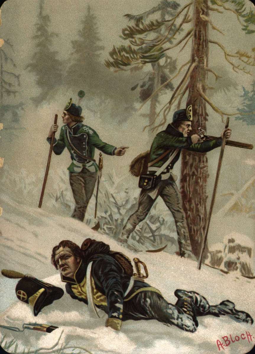 Postkort. Julehilsen. Vintermotiv med militære med våpen på ski i ...