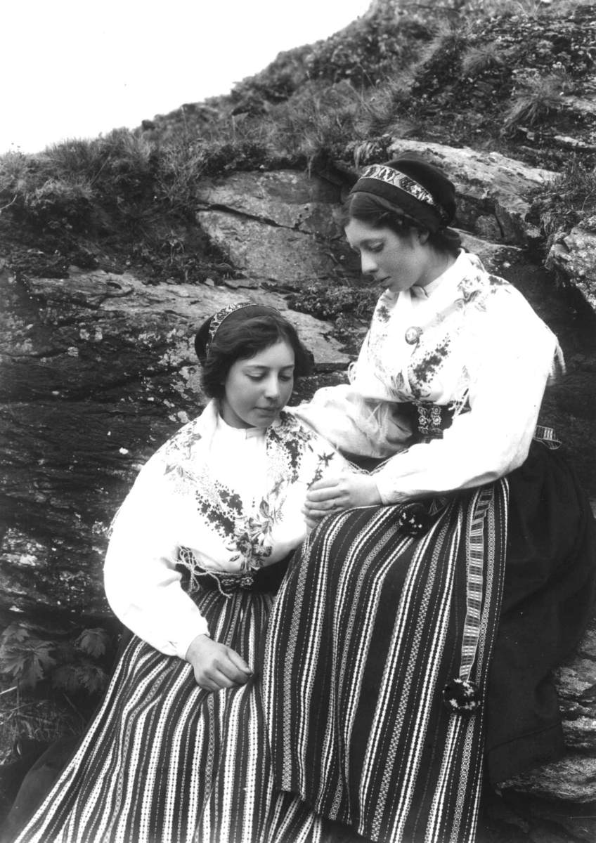 To kvinner i landskap, ukjent sted, i drakter fra Rättvik, Dalarne, Sverige.  
Serie tatt av Robert Collett (1842-1913), amatørfotograf og professor i zoologi. 