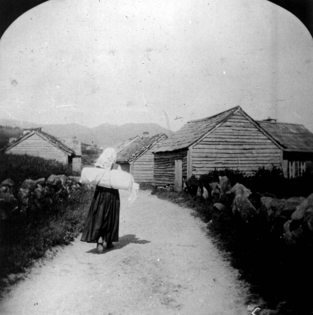 Kvinne med vevrull på ryggen, antagelig på vei til stampemølle ca. 1900. Omvik gård, Omvikdalen, Kvinnherad, Hordaland.