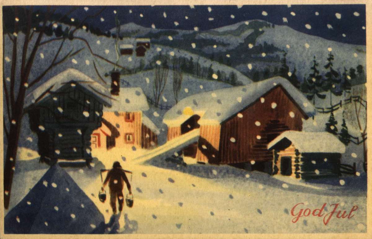 Julekort. Julehilsen. Snøkledd landskap. I forgrunnen opplyst gårdstun i snøvær. Mann med åk på vei over tunet. Ukjent kunstner. Stemplet 22.12.1948.