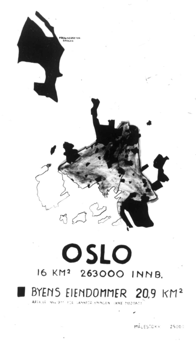 Tekstplansje, eiendomsoversikt, Oslo. Fra lysbildeserie til utstilling på Østkantutstillingen 1934, "Den var vår, denne jord". Om tomteproblemer i Oslo. Fra boliginspektør Nanna Brochs boligundersøkelser i Oslo 1920-årene.