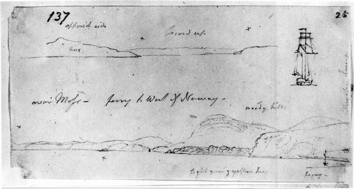 Moss, Østfold. Blyantskisse av John Edy: Drawings, Norway, 1800. "Near Moss - kystlandskap, to deler". Skissealbum utlånt av Deichmanske bibliotek.
