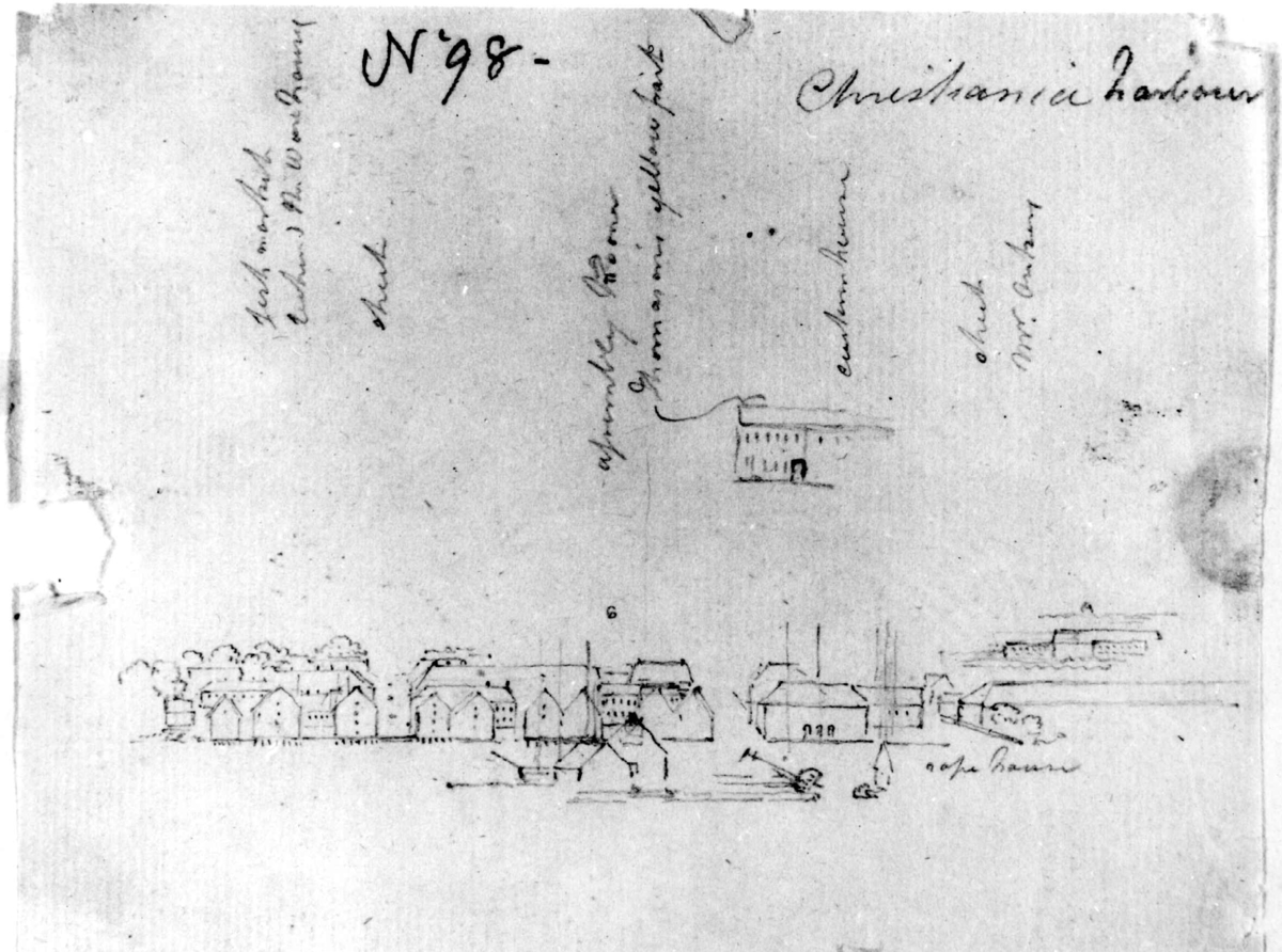 Oslo. Christiania. Havnen. Blyantskisse av John Edy: Drawings, Norway, 1800. "Harbour Christiania." Skissealbum utlånt av Deichmanske bibliotek.
