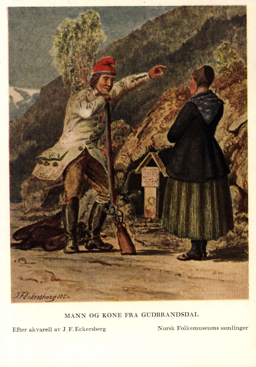 Postkort utgitt av Norsk Folkemuseum. Etter draktakvareller fra  JF Eckersberg. Mann og kone fra Gudbrandsdal.