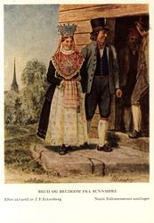 Postkort utgitt av Norsk Folkemuseum. Etter draktakvareller 