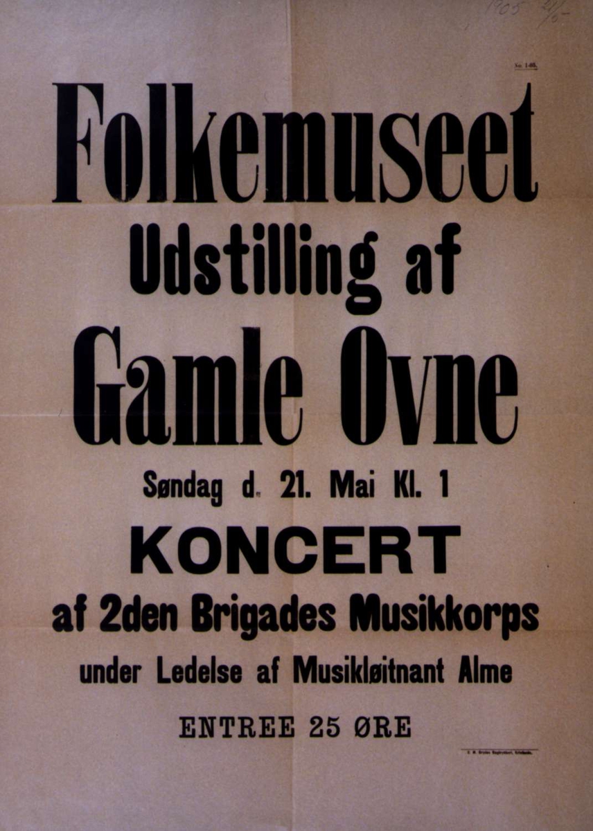 Plakat. Ustilling "Gamle ovne" og konsert på Norsk Folkemuseum i 1905.