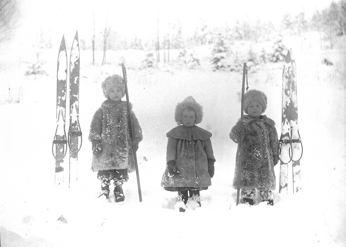Tre brødre, Halvor Nicolai, Simon og Thor Q. Wiborg poserer i snøen med staver og ski. Digerud, Frogn, Akershus, 1908. 