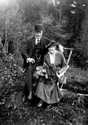 Avfotografering.Ektepar, hun har favnen full av rognebærgre