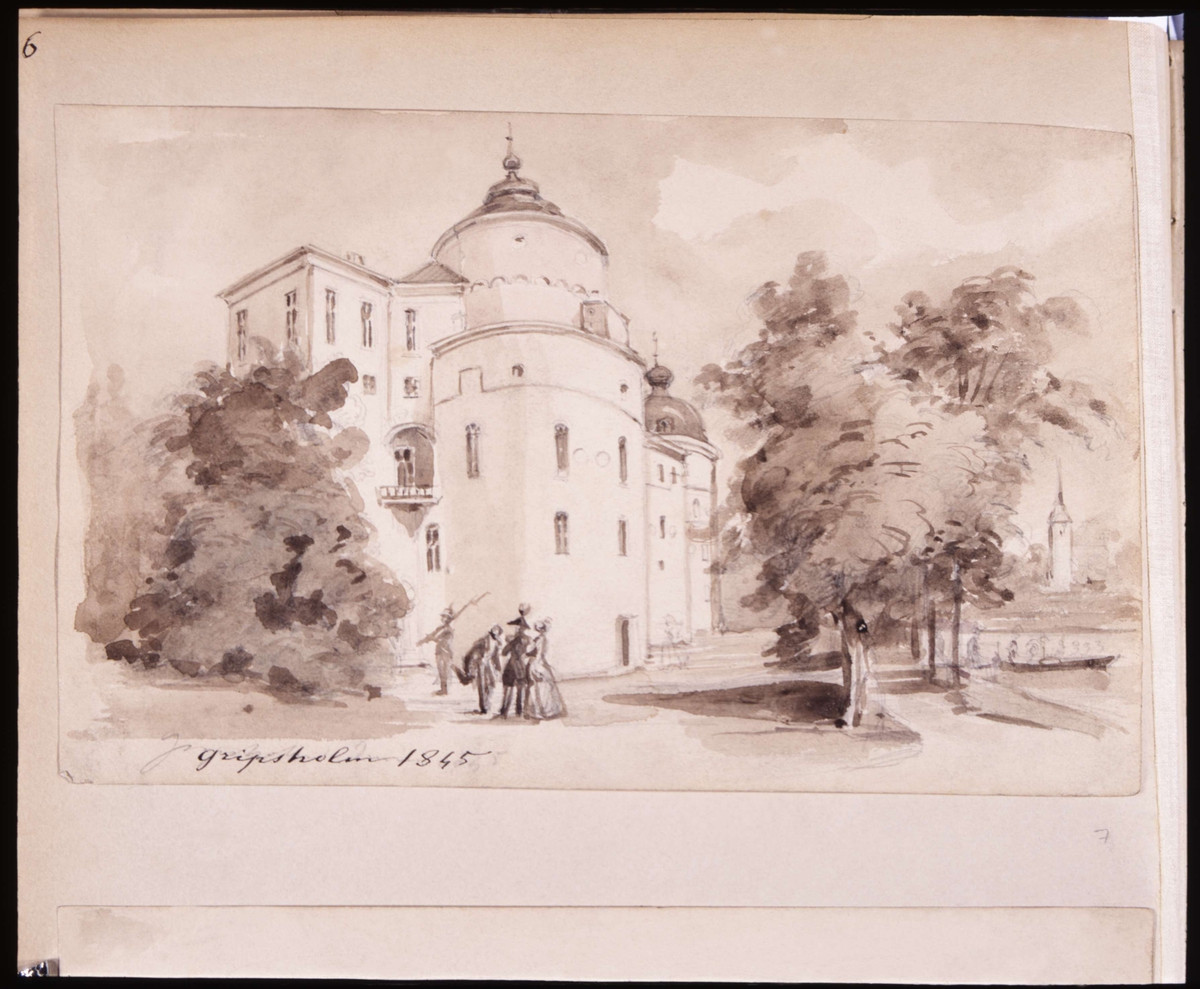 "Gripsholm 1845". Tuschlavering av Fritz von Dardel, 1845