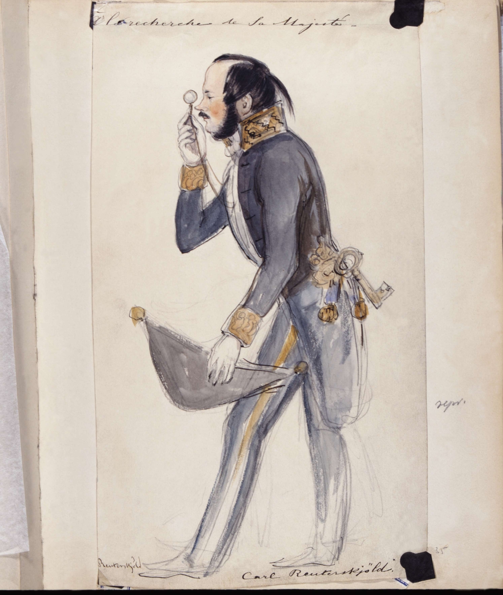 "Á la recherche de Sa Majesté". (Otydligt i originalet). Carl Reuterskjöld i uniform med monokel. Akvarell av Fritz von Dardel.