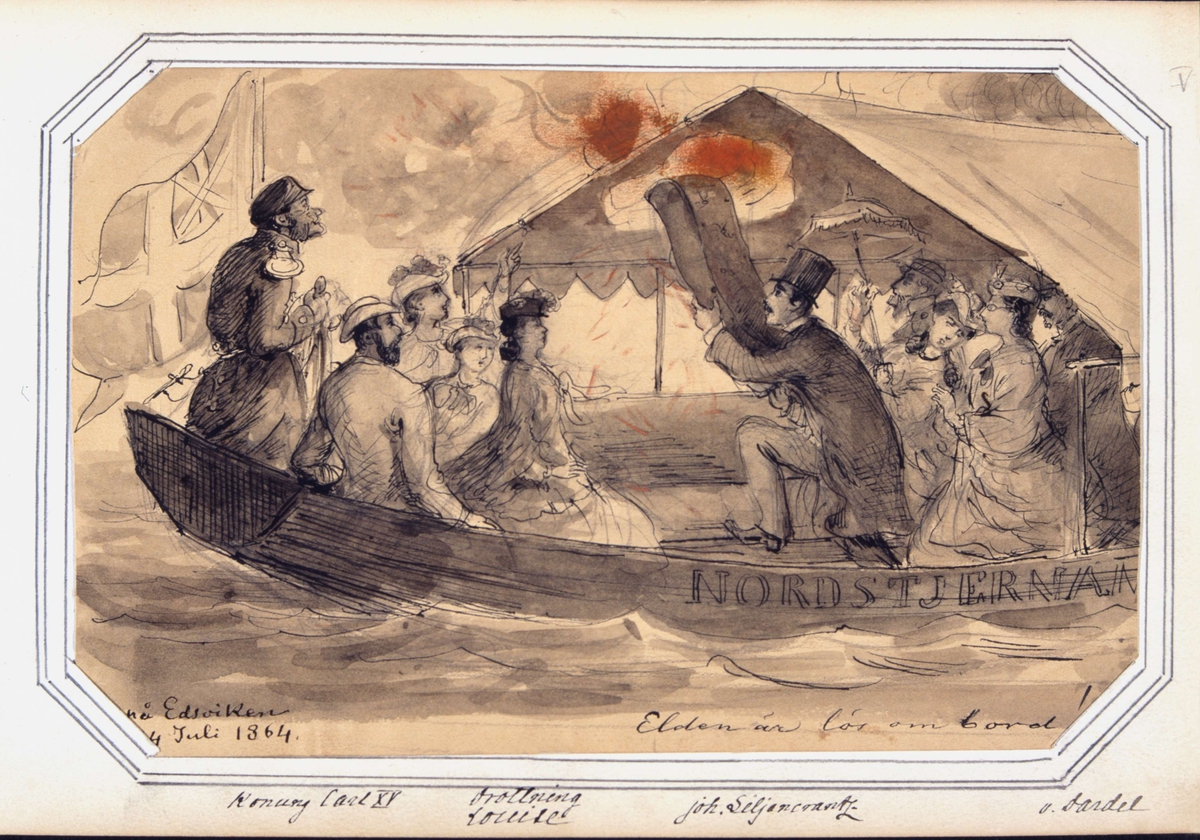 "Elden är lös ombord". Kung Karl XV och drottning Lovisa med uppvaktning ombord på slupen Nordstjernan, Edsviken 4 juli 1864. Tuschteckning av Fritz von Dardel.
