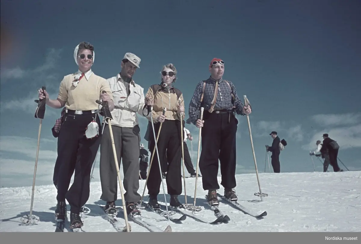 Skidåkning. En grupp människor på skidor poserar framför kameran.