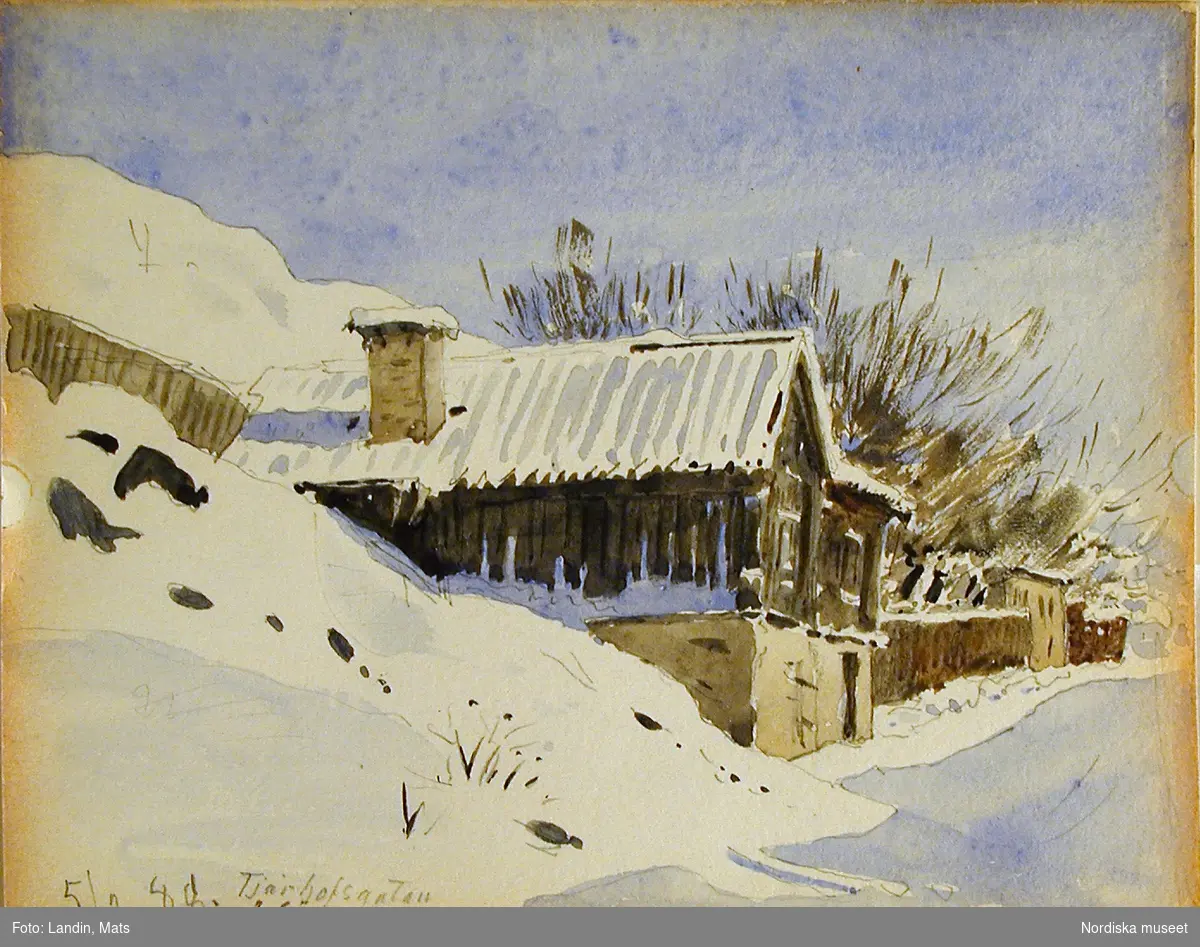 Akvarell av A T Gellerstedt. Vinterbild från Tjärhovsgatan på Södermalm i februari 1888.