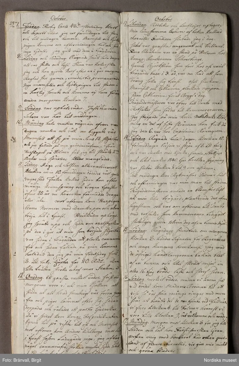 Två uppslag ur Märta Helena Reenstiernas (Årstafrun) dagbok från 7-25 oktober 1796. 