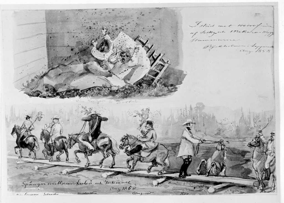 Akvarellerad tuschteckning av Fritz von Dardel. " I Strid med 100 000 fiender...". " Spångar emellan Luleå och Jockmock Aug. 1858".