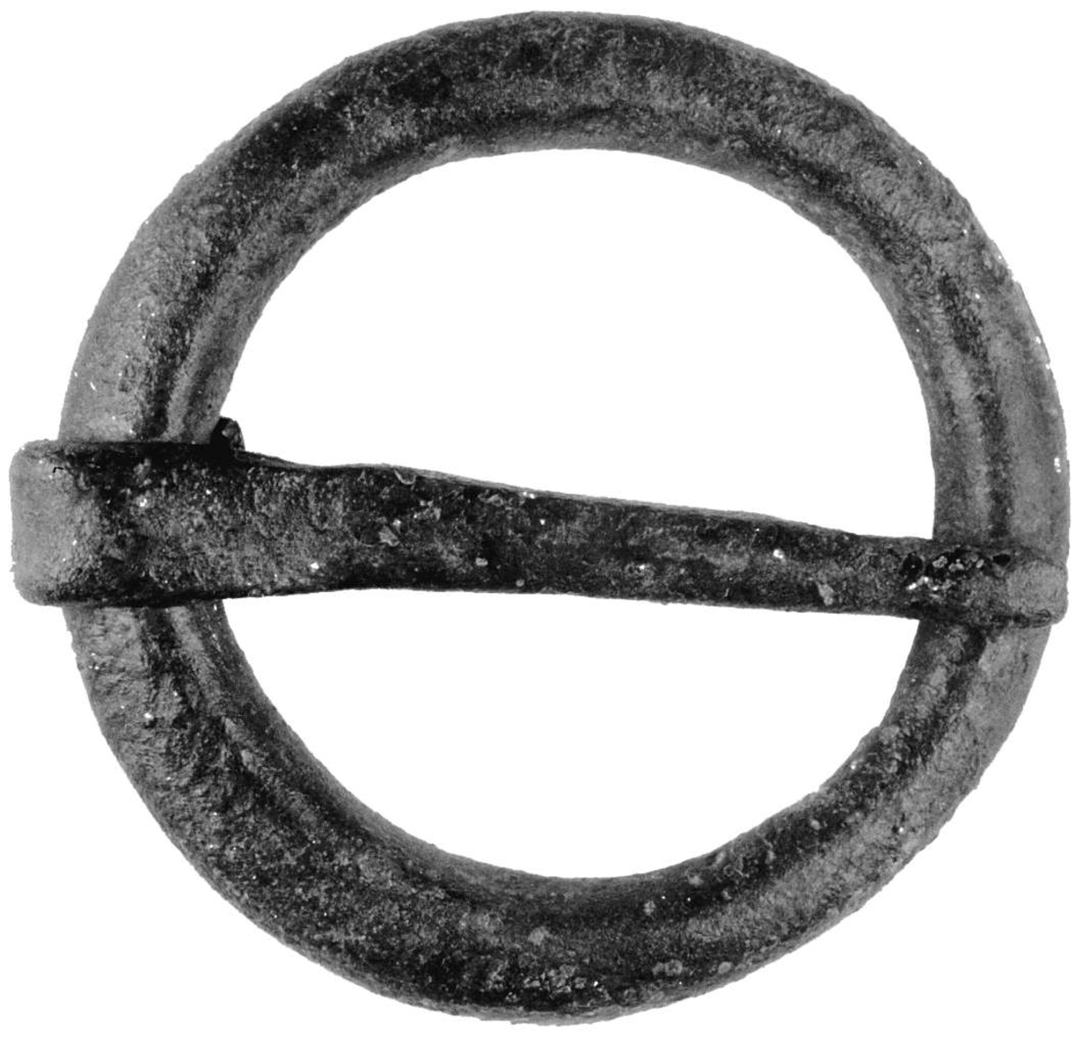 Ringsölja av brons. Tvärsnittet på både ring och nål är U-format och nålen är vikt runt ringen. Saknar urskiljbar ornamentik och kan därför inte dateras.