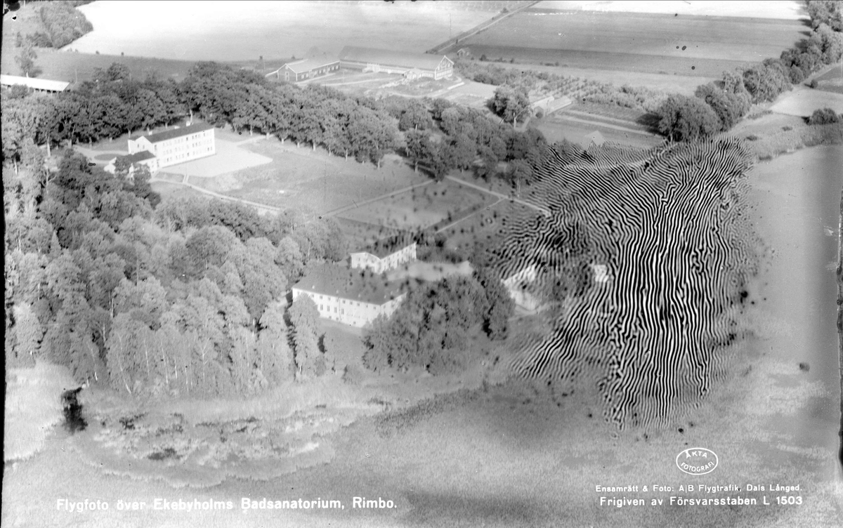 Flygfoto över Ekebyholms badsanatorium, Rimbo socken, Uppland 1950