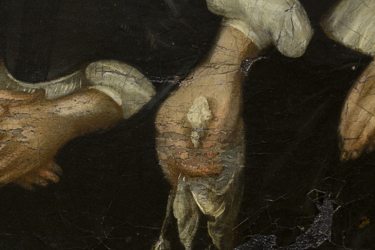 Todelt motiv. Familiportrett i nedre felt. Oppstandelsen i øvre felt.