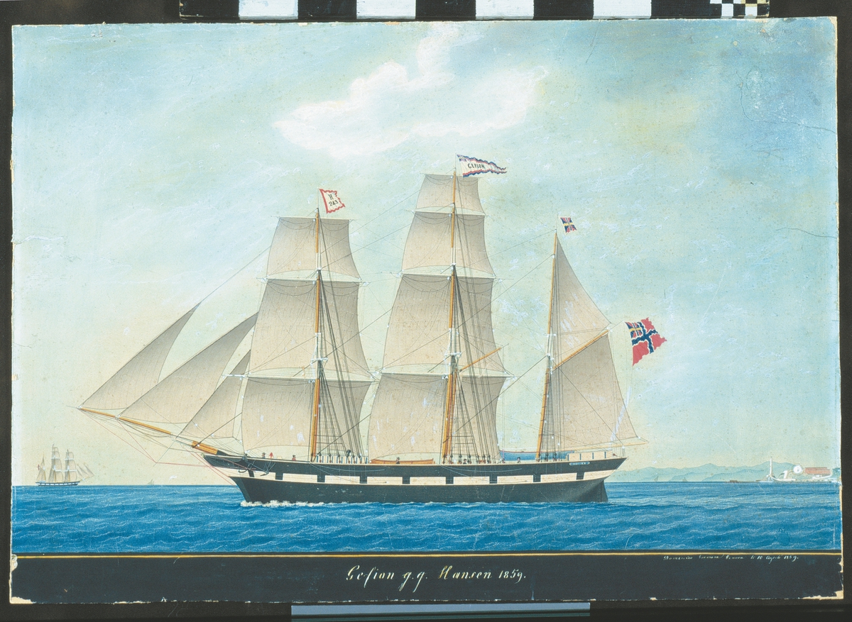Bark Gefion. Unionsflagg, navnevimpel, Gjøs. På fortoppen H og 243 under. Genovas fyrlykt til høyre i bakgrunnen.