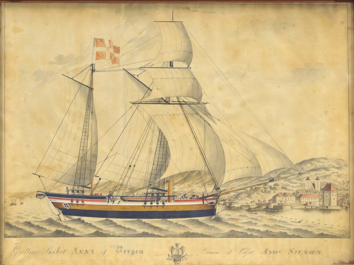 Galeas-Skibet 'Anna' af Bergen 1812 Seiler for babords halser med full seilføring. Danebrog med F og R slynget i. I bakgrunnen Bergen med Fløien ovenfor.