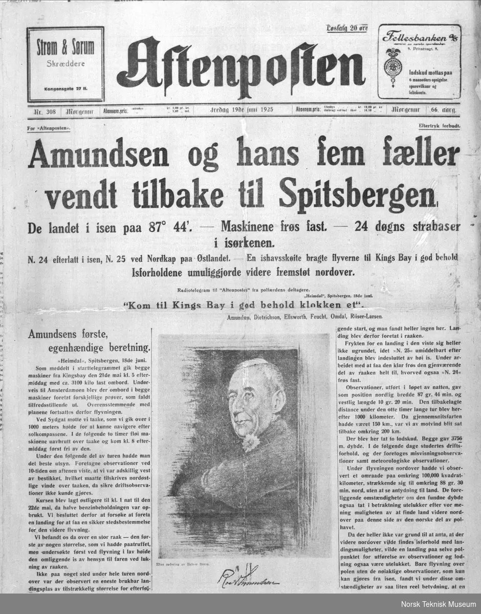 Faksimile av forsiden av Aftenposten fra fredag 19. juni 1925 hvor hovedoppslaget var "Amundsen og hans fem fæller vendt tilbake til Spitsbergen"