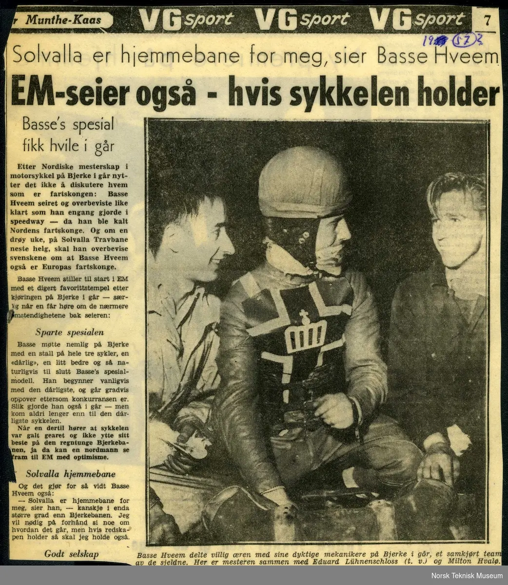 Faksimile fra VG, EM på Solvalla, Stockholm, 1957, Eduard Lühnenschloss, Basse Hveem og Milton Hvalø