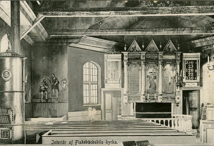 Notering på kortet: Interiör af Fiskebäckskils kyrka.