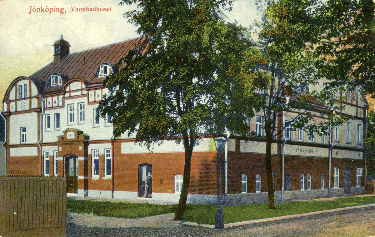 Varmbadhuset på Norra Strandgatan i Jönköping. Vykort skickat 1908.