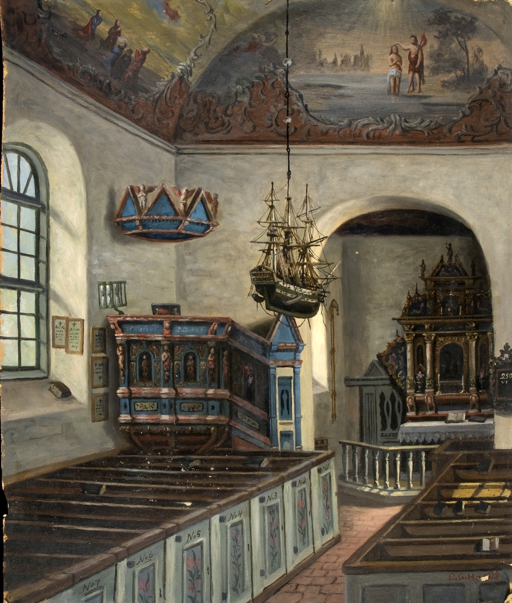 Kyrkointeriör, Alfshögs gamla kyrka med altare.