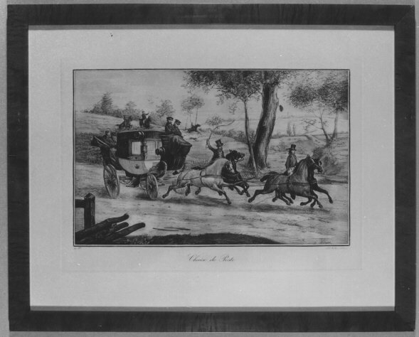 Litografi föreställande en diligens med fyra hästar. På denfrämre och bakre av de vänstra hästarna rider två postiljoner.