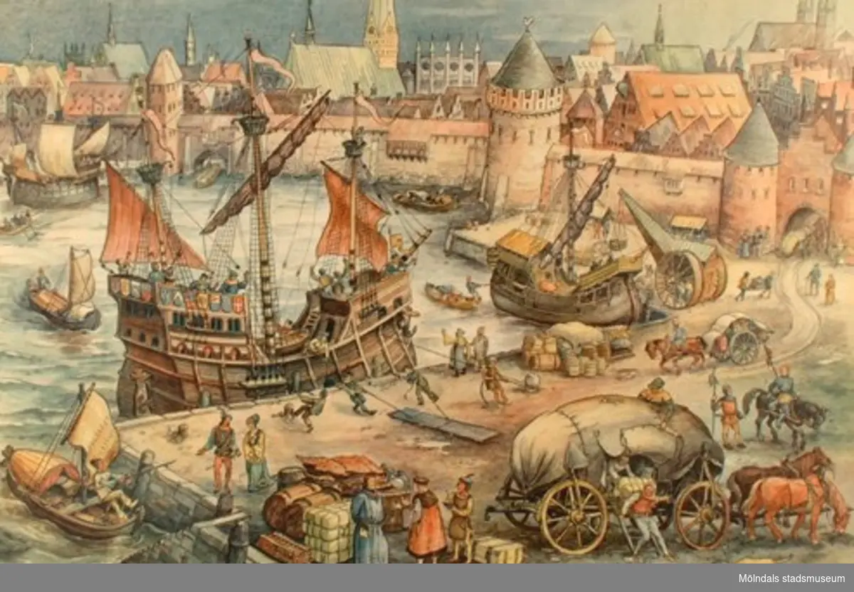 :1: Vikingar gör strandhugg.:2: Korstågsriddare.:3: Hamnen i en hamnstad.:4: Medeltidsstad.:5: Gatuliv under medeltiden.:6: Från 30-åriga kriget.:7: Flotta på 1600-talet.