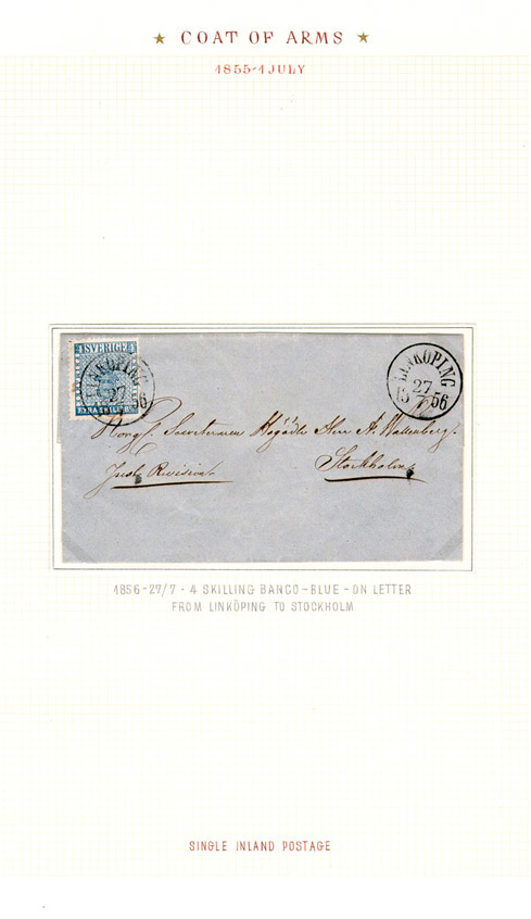 Albumblad innehållande 1 monterat frankerat brev

Text: 1856-25/7 - 4 Skilling Banco - blue - on letter from
Linköping to Stockholm

Stämpeltyp: Normalstämpel 10