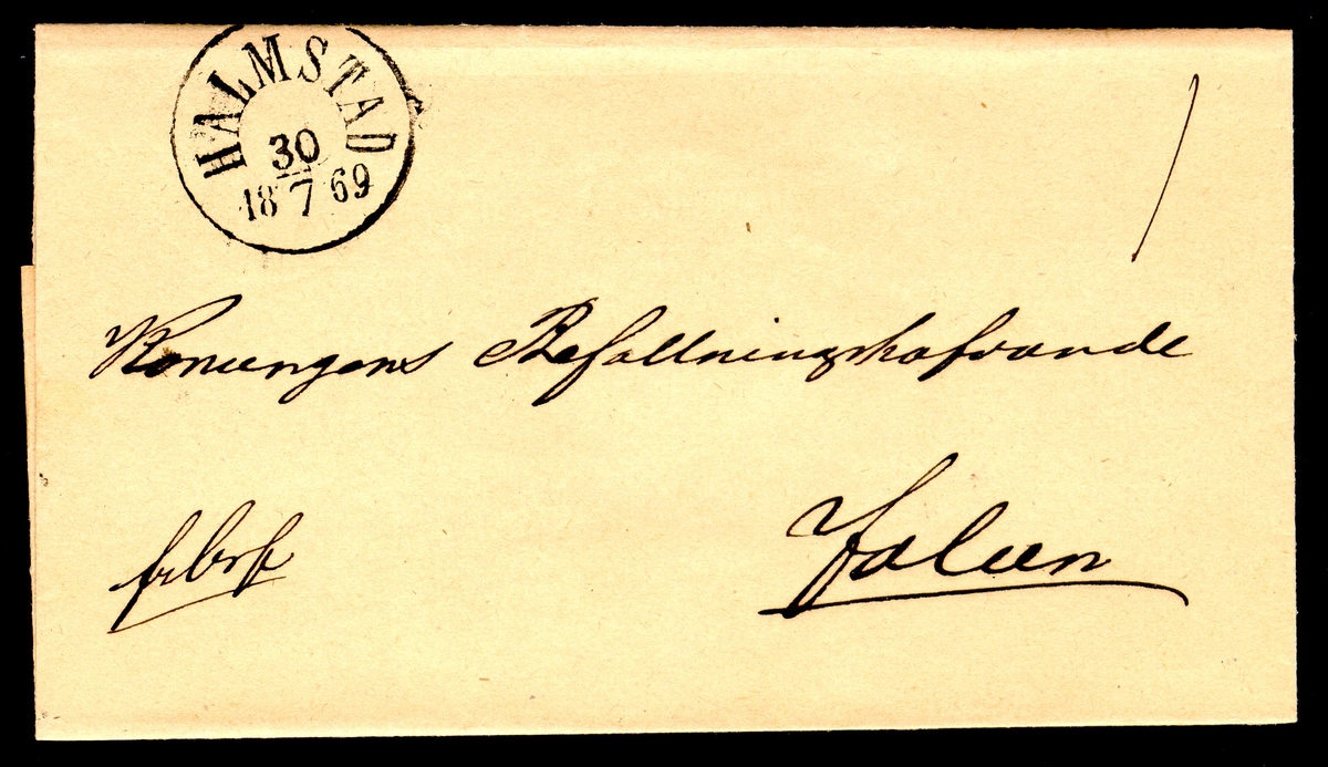 Albumblad innehållande 1 monterat brev

Text: Fribrev avsänt från Halmstad den 30.7. 1869 och adresserat
till Falun.

Etikett/posttjänst: Fribrev

Stämpeltyp: Normalstämpel 10, typ 3