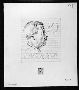 Bidrag till 1951 års tävling om ny frimärkstyp med Gustaf VI Adolfs porträtt. Konstnär: Bertil Kumlien. Motto: Kursiv "1" + "2". Foton 29/5 1967. "Kursiv 1". (Spegelvänd profil).
Valör 10 öre.