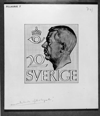 Bidrag till 1951 års tävling om ny frimärkstyp med Gustaf VI Adolfs porträtt. Fotorepro av konungens porträtt efter David Tägtströms teckning. Konstnär: William Peterson, med motto: "Pillarbox". Valör 20 öre.
Valör 20 öre.