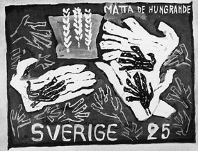 Frimärksförlaga till frimärket Världskampanjen mot hunger, utgivet 21/3 1963. Med anledning av FN-kampanjen mot hungern. Motivet är tre stycken sädesax samt stiliserade händer. Originalteckning och förslagsskisser utförda av Vera Nilsson. Valör 25 öre.