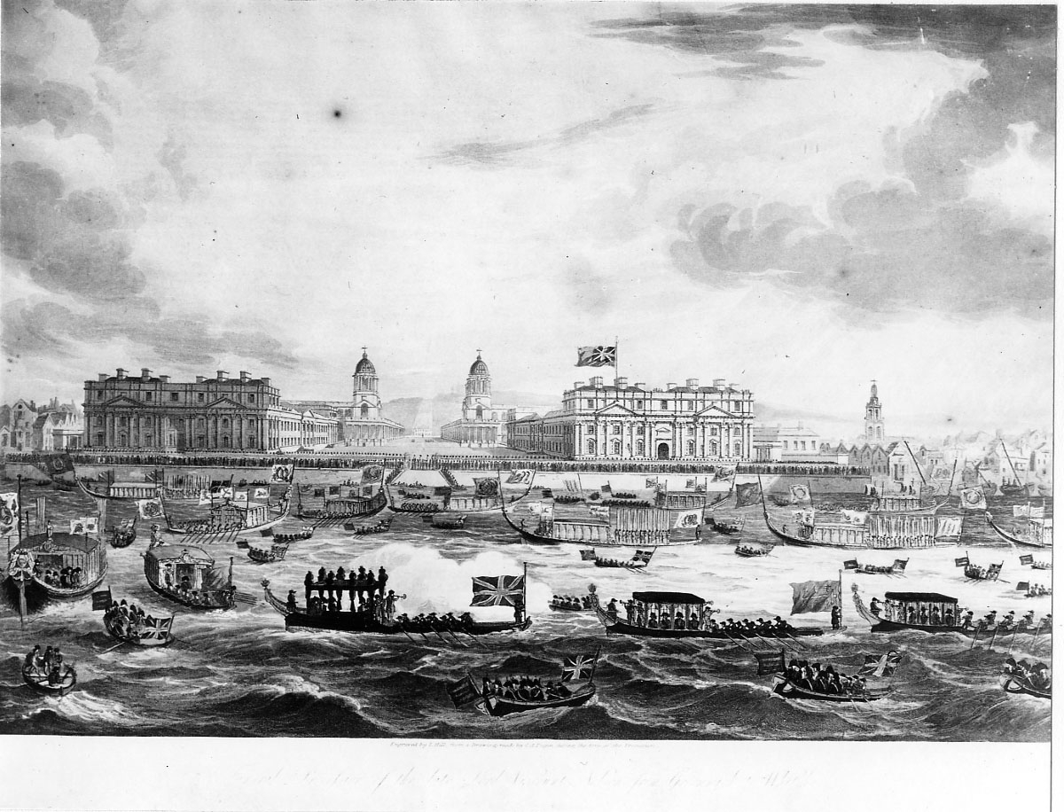 "Nelsons begravningsprocession ofvanför London Bridge", efter Turners målning. Efter C. A. Pugins teckning. Förgylld ram