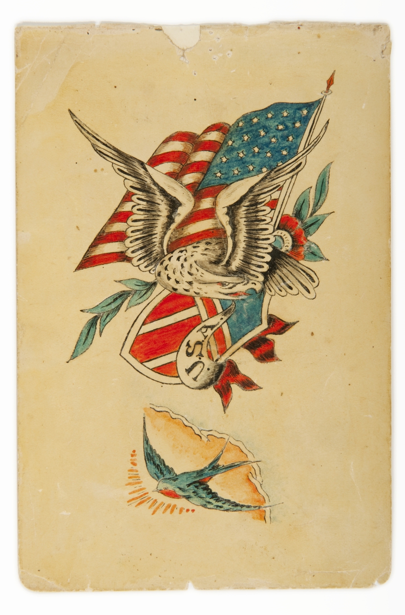 Tatueringsförlaga. Två olika motiv. 1. Örn med amerikansk flagga och sköld. 2. Svala i blått och rött, omgiven av ett gult sken.