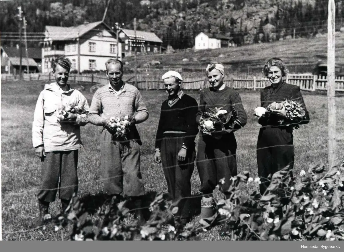 I midten Svein O. Ulsaker. Han sel grønsaker til turistar. 62/9
Svein var gartnar og er her ute på grønsakfeltet sitt.
I 1939 vart Norske Jordbruksklubber stifta (seinare 4H). I etterkant av dette starta Svein O. Ulsaker og Svein N. Jordheim ein slik klubb i Hemsedal