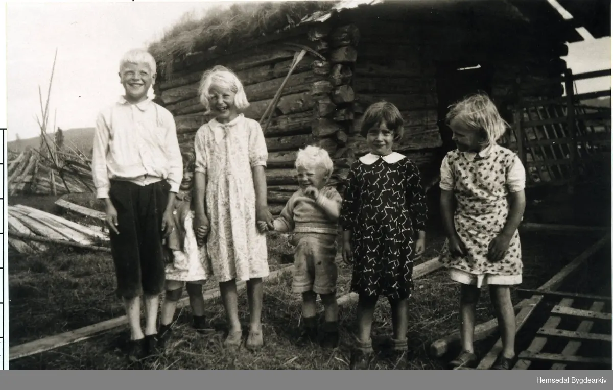 På Grøthestølen i Hemsedal sumaren 1937.
Frå venstre: Syver K. Grøthe, Ingrid Engene, Margit O. Grøthe, Knut O. Grøthe, Liv Engene og Ingrid O. Grøthe