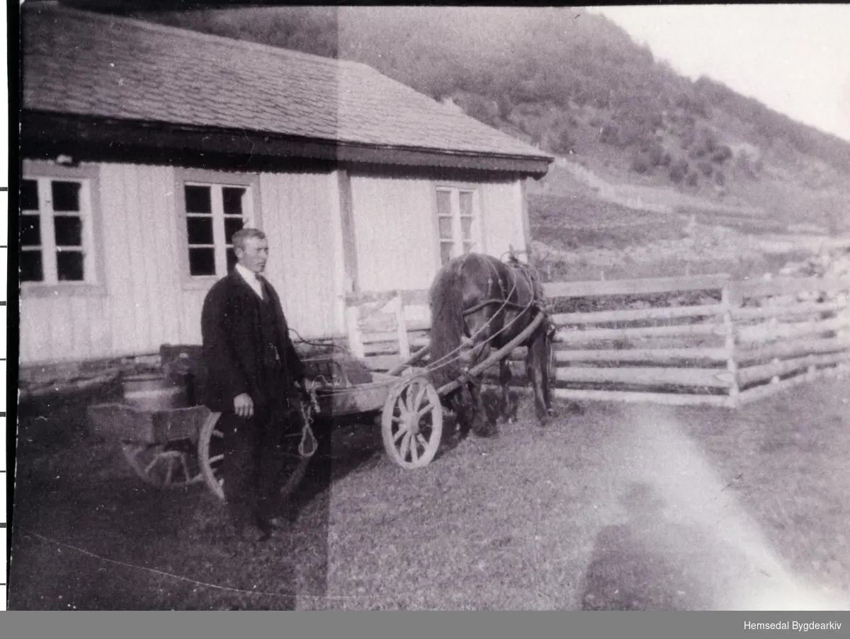 Ola Anderdal med hest og vogn. embar og saltkar i vogna og sluffeslesetet er påsett.
Hagen er godt inngjerda for smalen.
Biletet er teke ca. 1920.