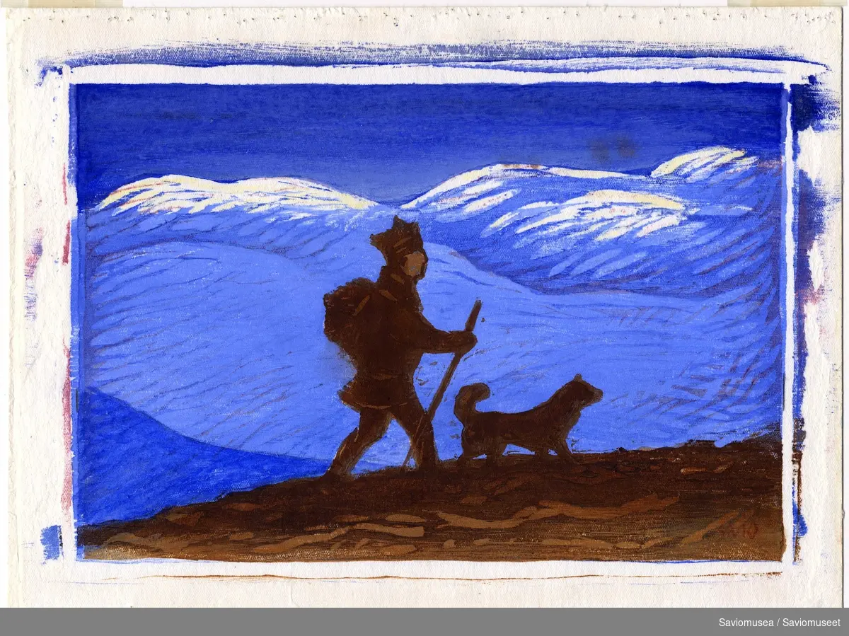 Vandrende mann kledd i kofte med stokk og ryggsekk.Hunden er også med. Satt i landskap med snødekte fjell i bakgrunnen.