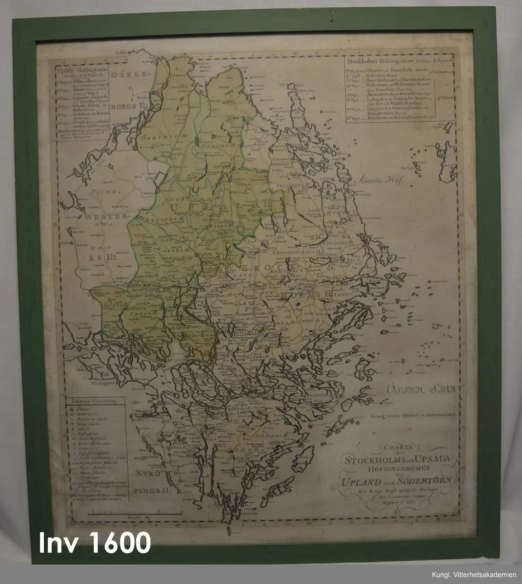Tavla, "Charta öfwer Stockholms o. Upsala höfdingedöme eller Uppland
med Södertörn 1785" . Graverad karta från 1785, inramad med en enkel grönmålad ram, utan profilering. Kartan sträcker sig från Gävle i norr til Landsort i söder