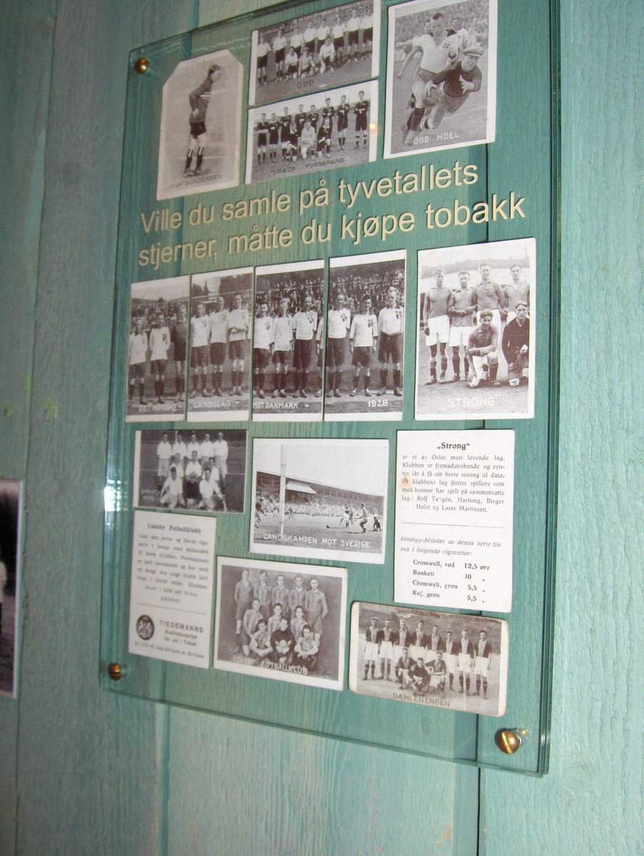 Samlekort som fulgte med sigarettpakkene med lagbilder av kjente fotballag på 1920-tallet, bl.a. Lisleby og Strong.