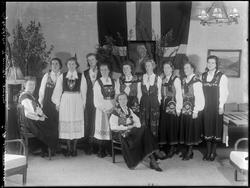 Gruppe kvinner kledd i forskjellige bunader. I bakgrunnen fl