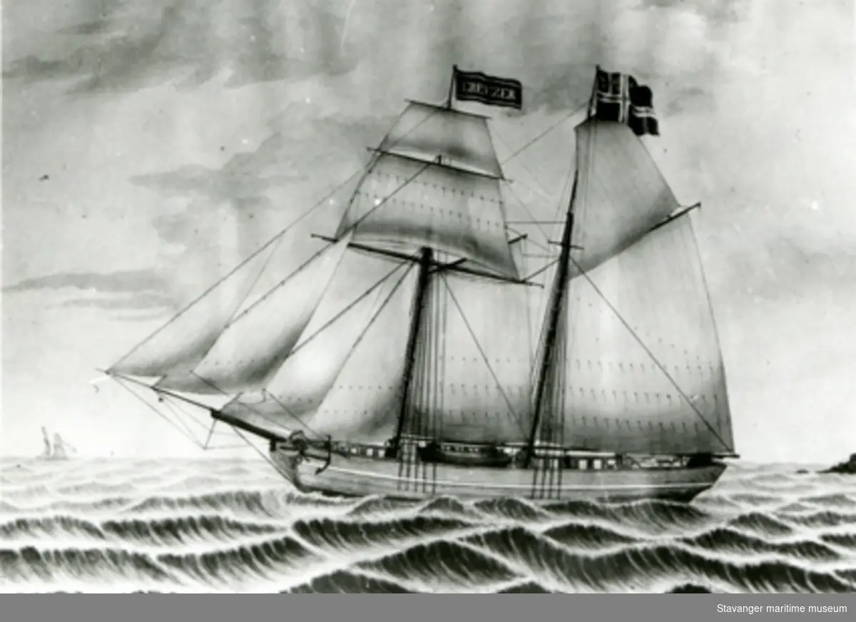 Avfotografert skipsportrett av skonnert "Ebenezer", bygget i Stavanger i 1847.