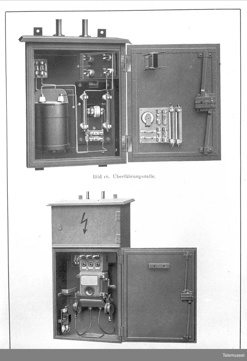 Telefon for høyspenningsanlegg, Siemens. Fig 16: Overføringskasse. Fig 17: Telefonapparat for mast. Elektrisk Bureau.