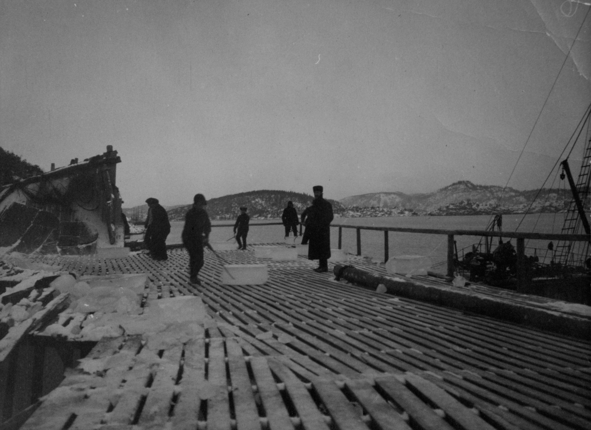 Isblokkene som er sendt ned isrenna får fart og stoppes av bukken på lasteplannet  i bakgrunnen.  Ved bruk av sakser dras isblokka til ei kort isrenna og ombord i båten. Bjelkevik januar 1911. Nicolay Wiborg til høyre.