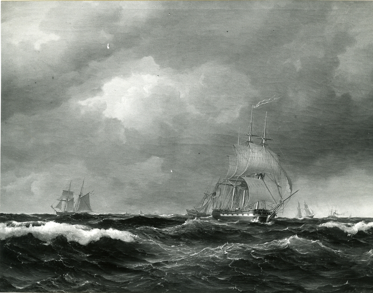 Fregatten Norrköping i Öresund.
Oljemålning 1853.
Storlek 93 x 129 cm.
