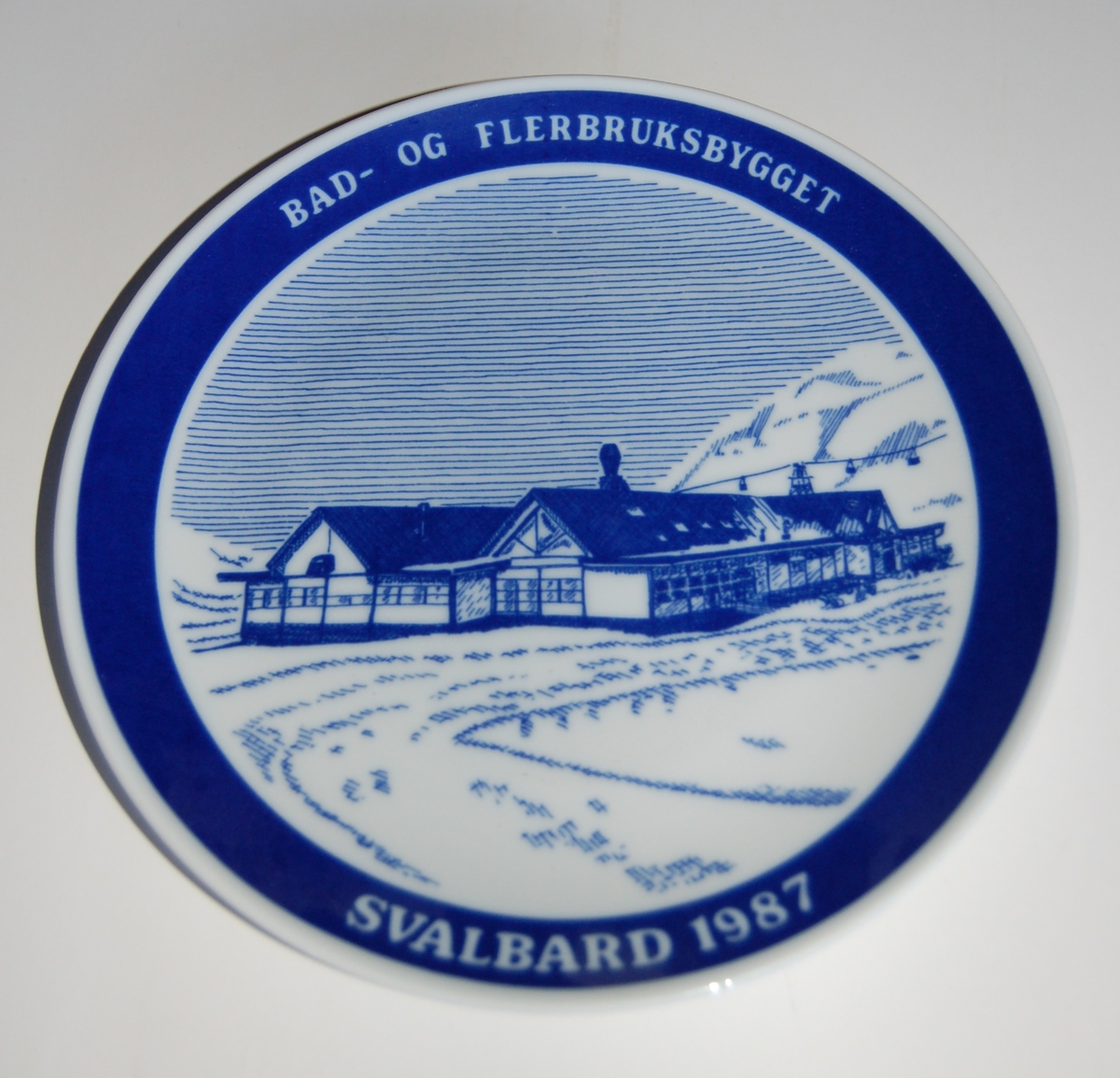 Porselensplatte (fat) med påmalt motiv fra Svalbard, til å henge på vegg som veggpryd.